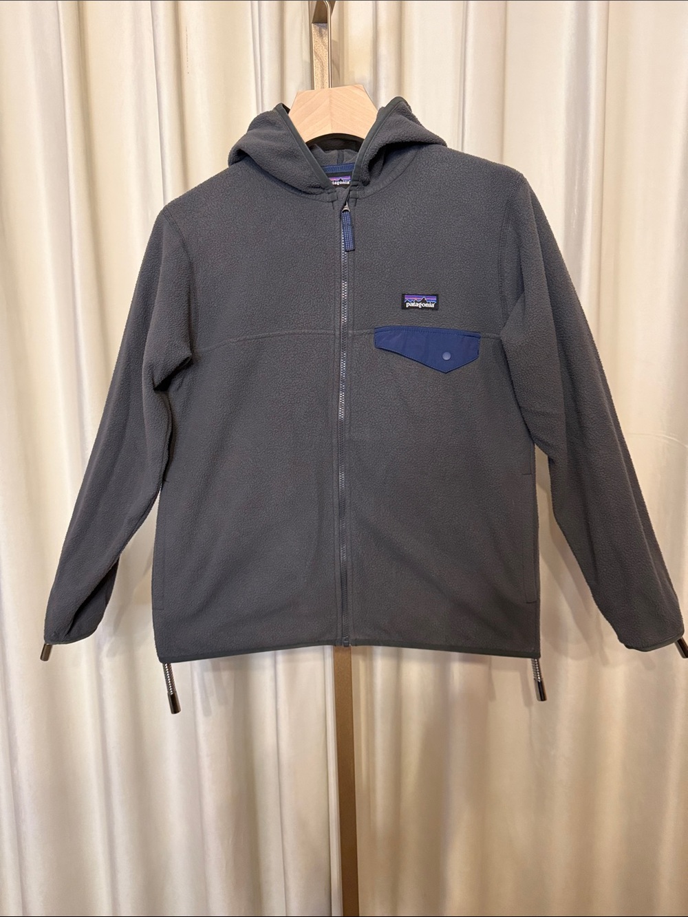 Patagonia Gray Hooded Fleece Jacket with Blue Chest Pocket